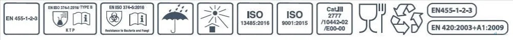 Product safety and compliance symbols on 100pk disposable nitrile gloves free for food use