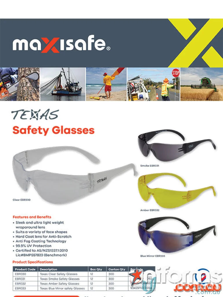 Safety glasses product ad featuring 1pk TEXAS Anti-Fog Amber Lens for workwear uniforms