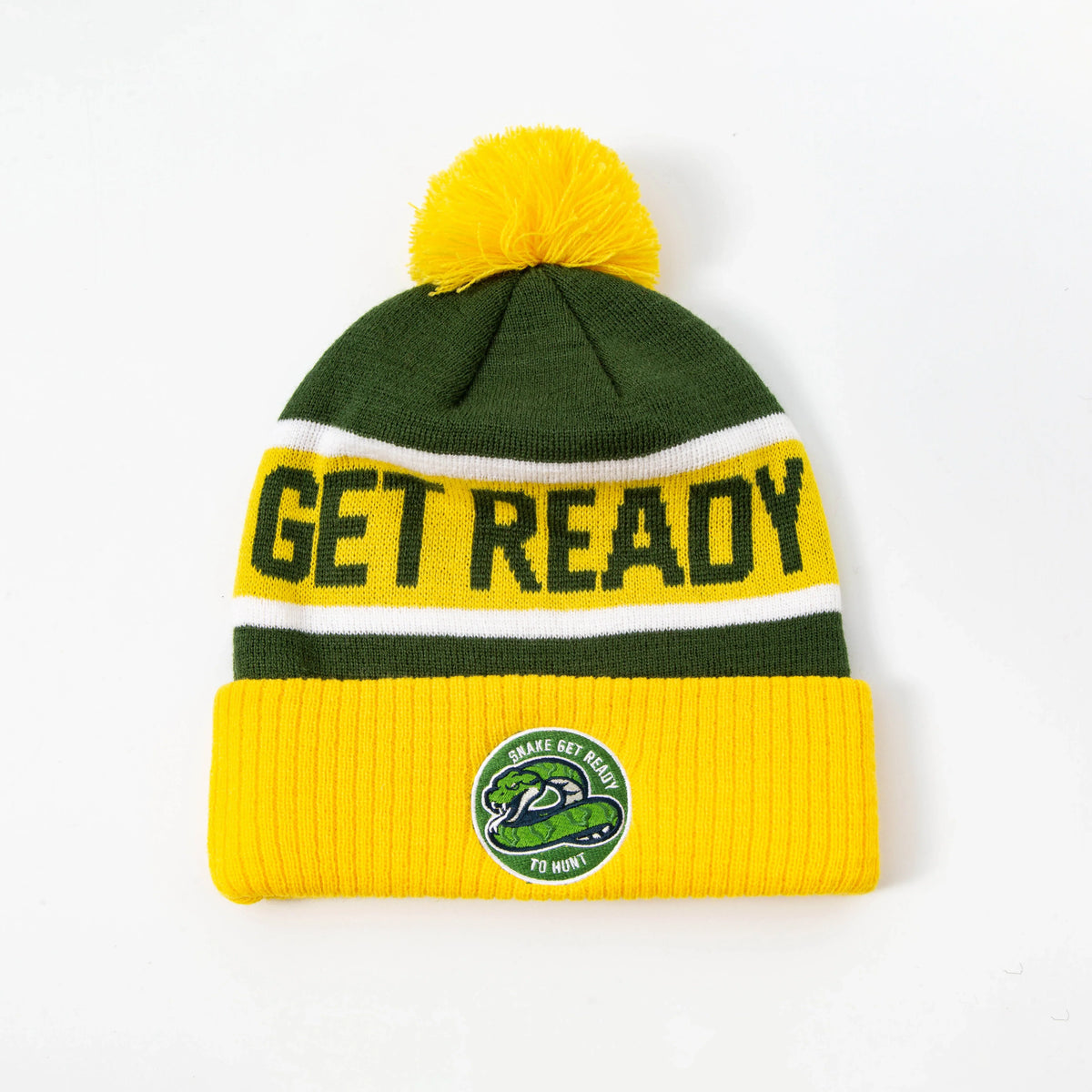 Green and yellow knitted pompom beanie with get ready text perfect for uniforms and workwear essentials