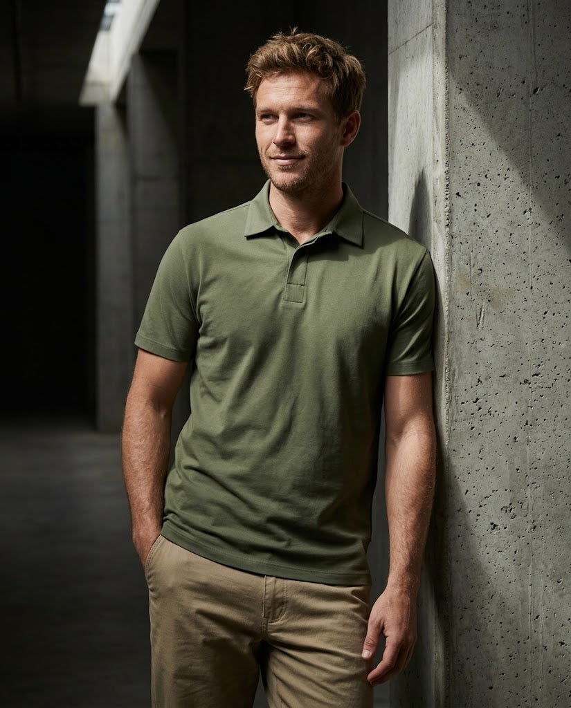 A man wearing an olive green short-sleeve polo shirt and khaki pants, leaning against a textured concrete pillar in a modern indoor setting.