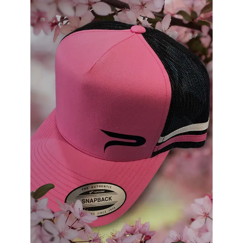 Pink and black snapback cap.