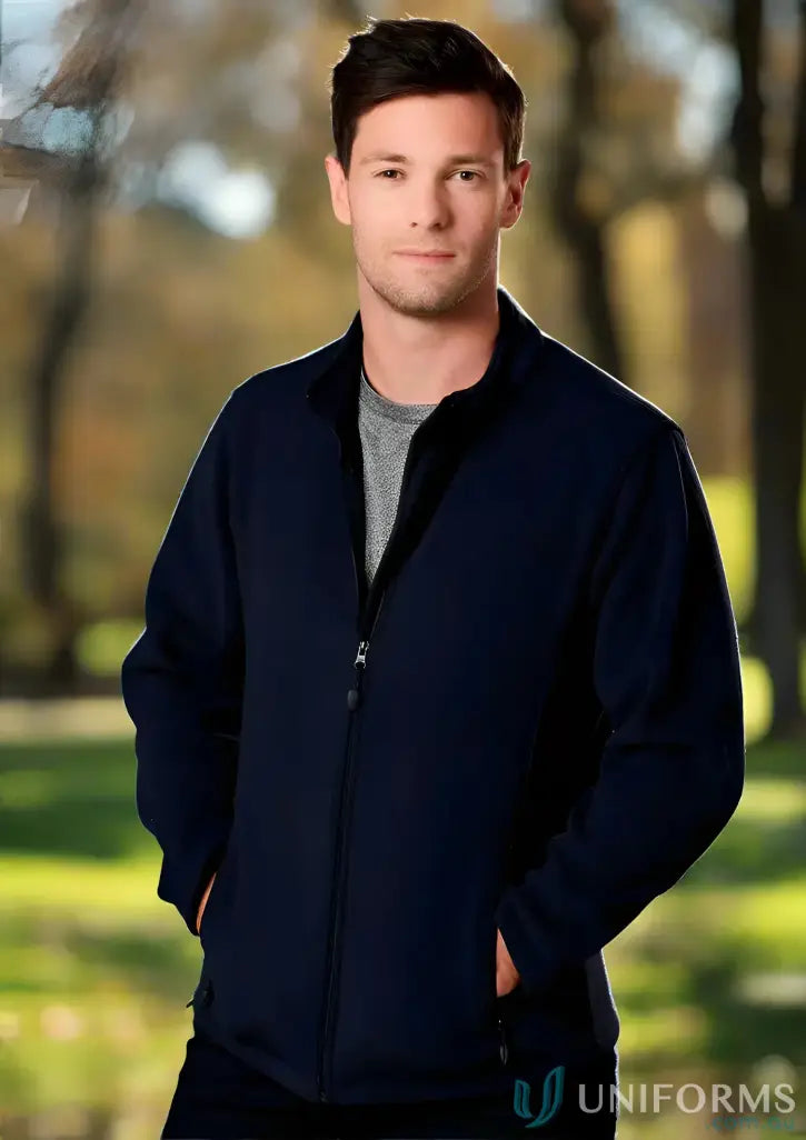 Man wearing Arjo EMB Micro Polar Jacket with bonded polar fleece and grey tee