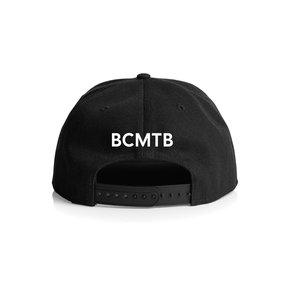 Black flat-brim baseball cap with a snapback closure.