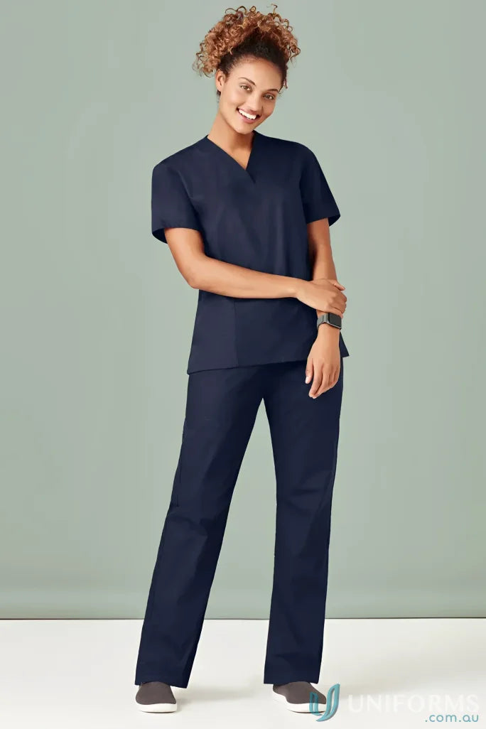 Navy blue womens classic scrub top made from natural stretch fabric for all-day comfort