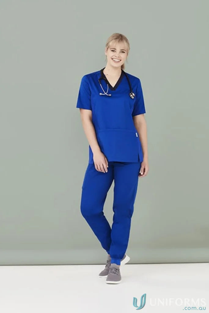 Blue Biz Care Women’s Riley Slim Leg Scrub Pant with stethoscope for healthcare professionals