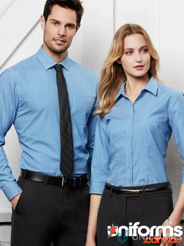 Two people in matching Ellison Long Sleeve Boronia LS Shirts, perfect mens business look