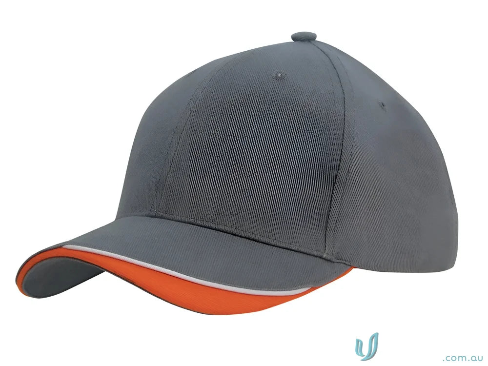 Gray and orange baseball cap in brushed heavy sports twill with contour trim