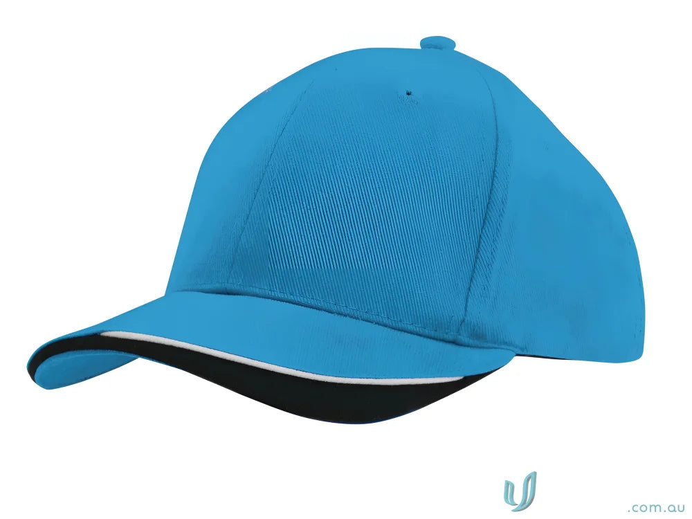 Turquoise baseball cap with black underbrim, brushed heavy sports twill, contour trim