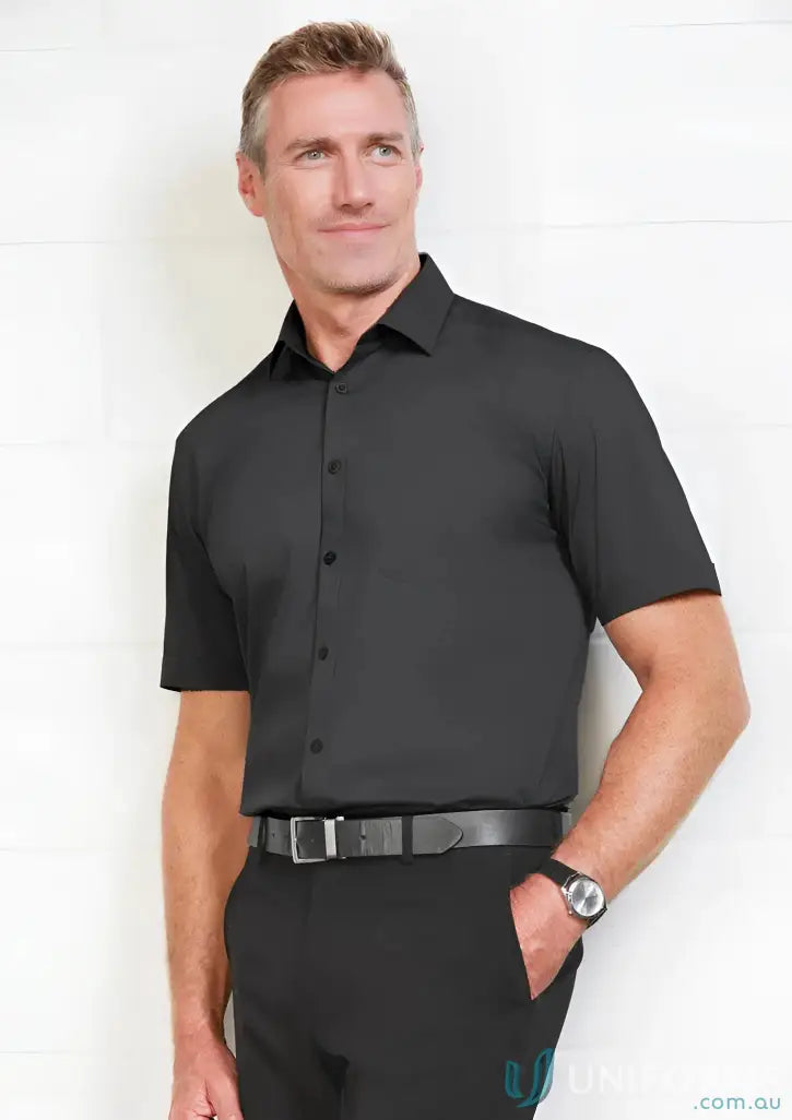 Man wearing Monaco SS shirt in black with belt, perfect for monaco short sleeve shirt offers