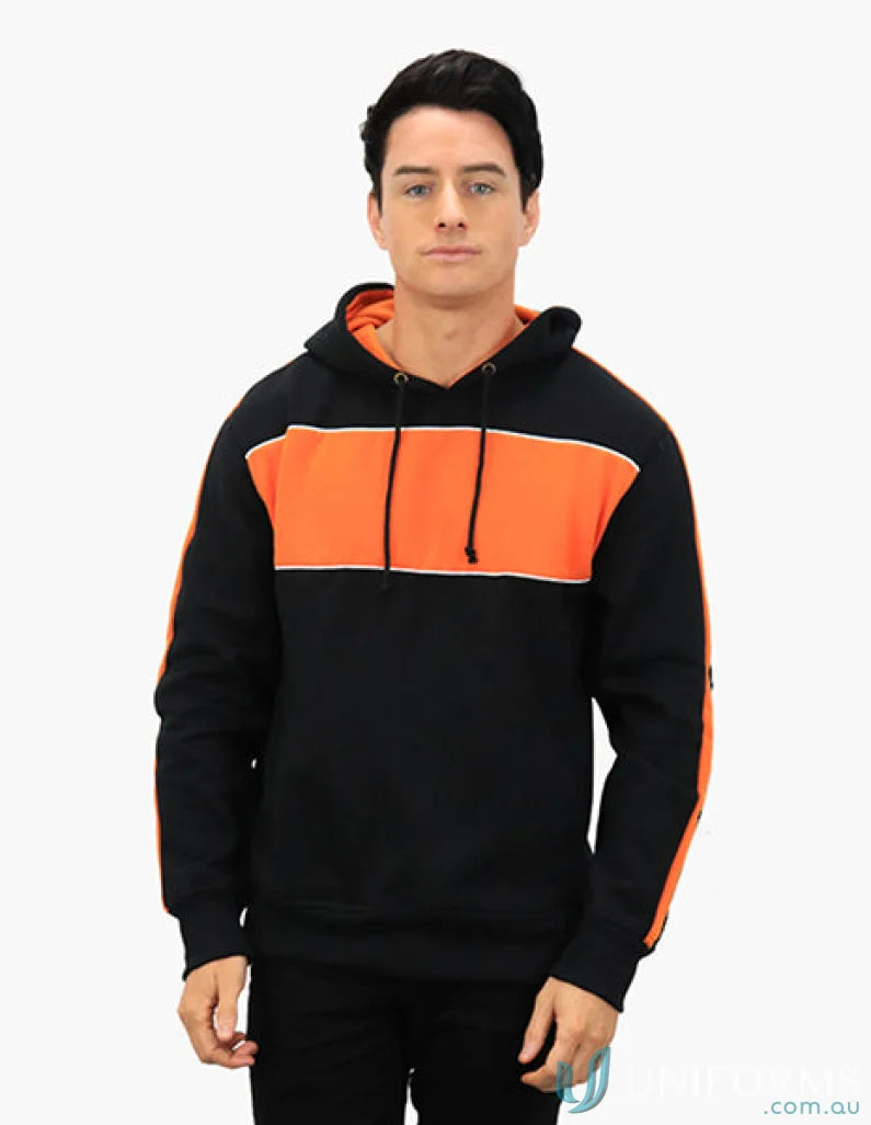 Chesty Hoodie black and orange hooded sweatshirt with chest panel, anti-pill fleece for uniforms