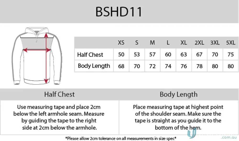 Clesty Hoodie size chart with chest panel info on anti-pill fleece for uniforms