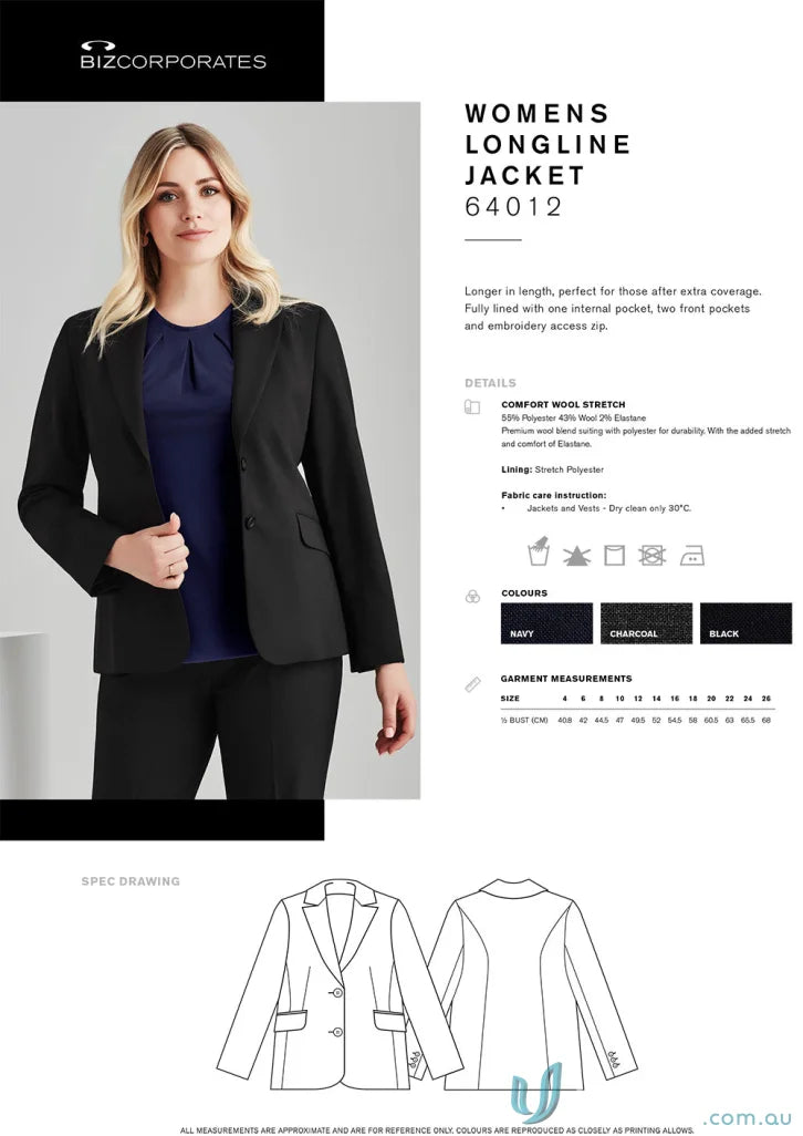Womens longline jacket with comfort wool, embroidery access zip, and wool stretch fit