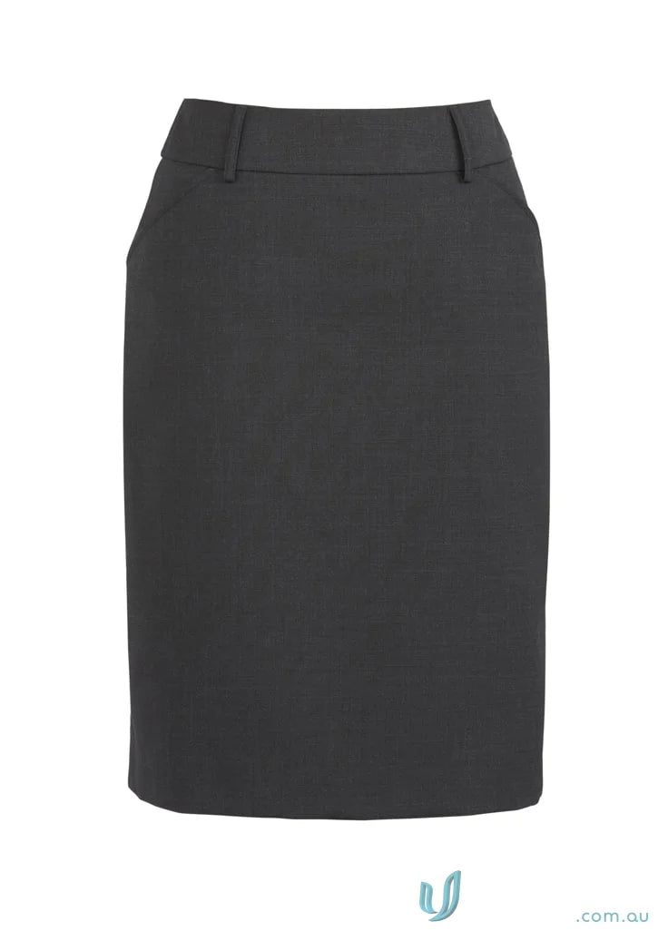 Womens dark gray comfort wool stretch multi-pleat skirt with belt loops and side pockets