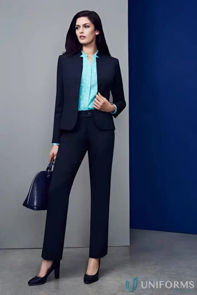 Womans navy business suit with comfort wool relaxed stretch fit straight leg pants