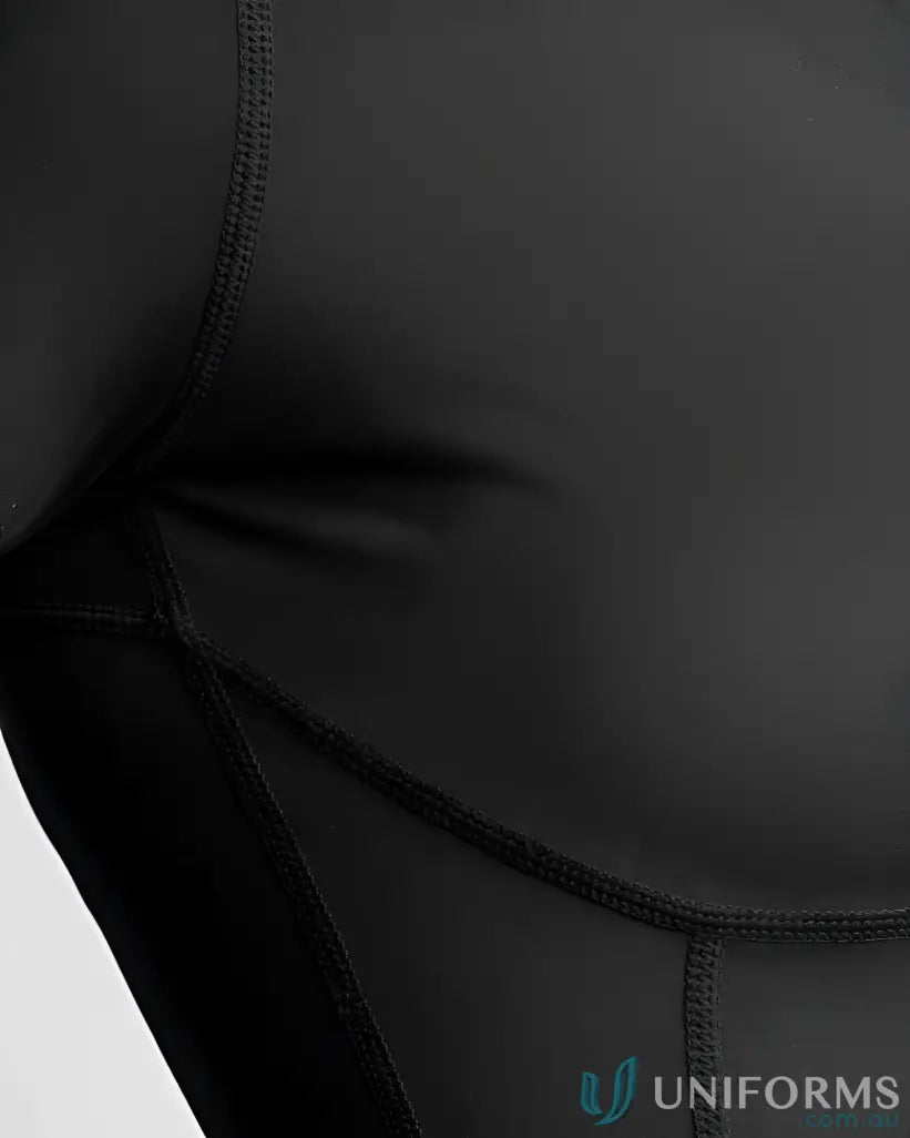Black leather jacket with zipper detail and pocket.