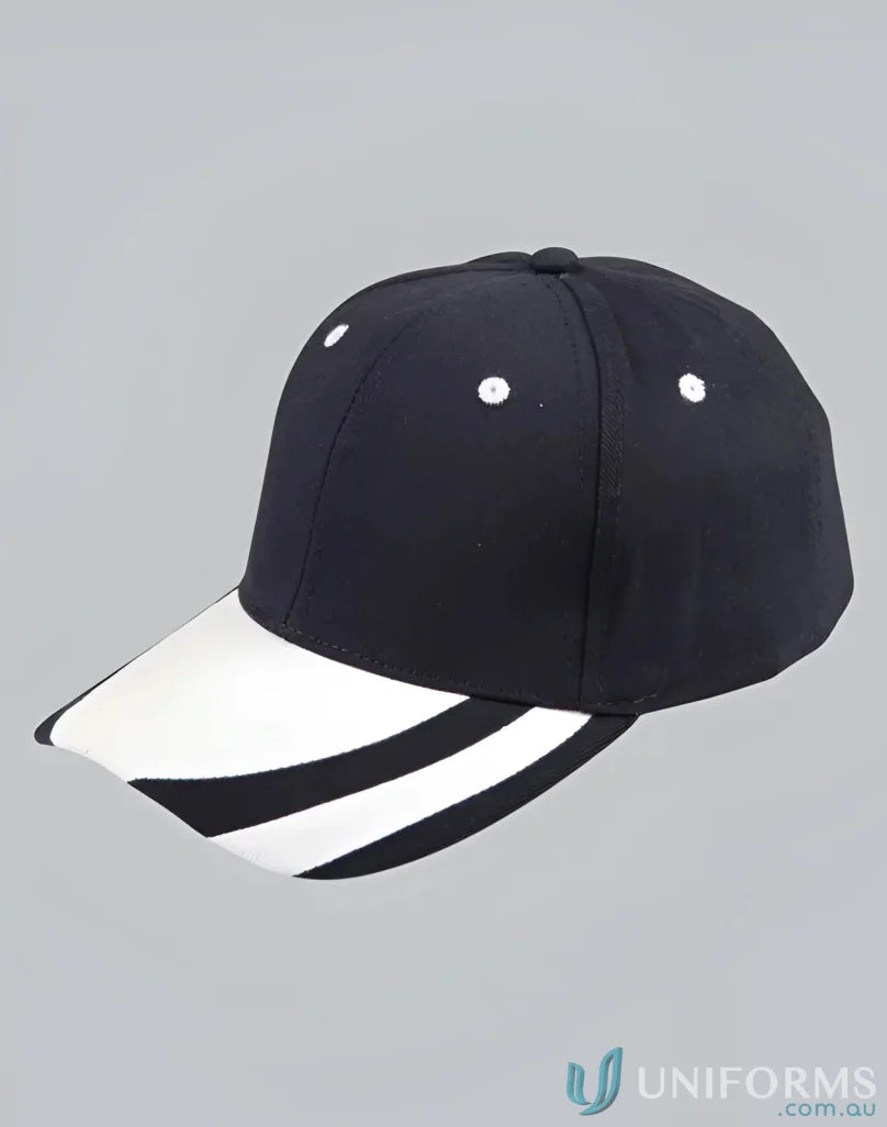 Black contrast peak cap with white stripe brim, perfect for winning spirit contrast style