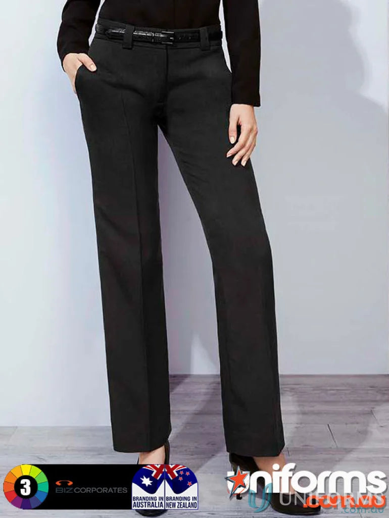 Black womens trousers with straight leg and black belt, perfect for hipster fit workwear