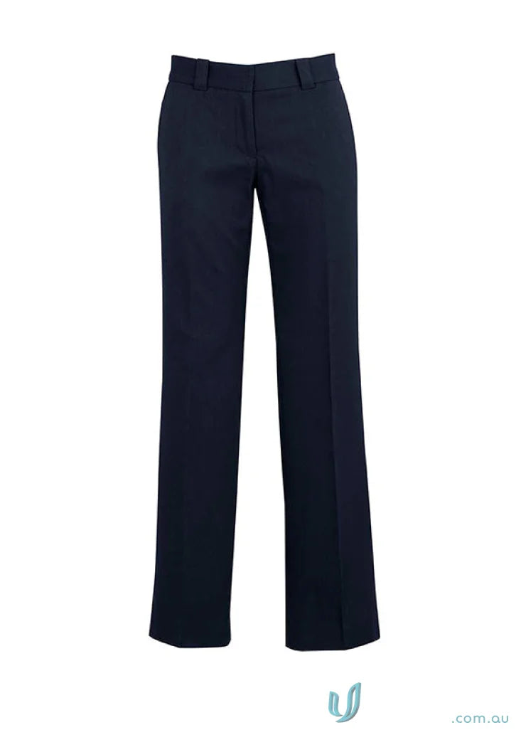 Dark blue womens dress pants with straight leg, perfect for hipster fit workwear