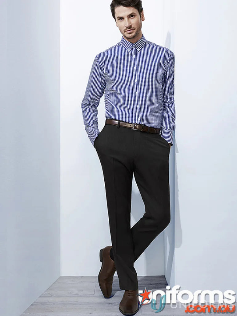 Man in a blue striped shirt wearing cool stretch slimline mens cool stretch pants
