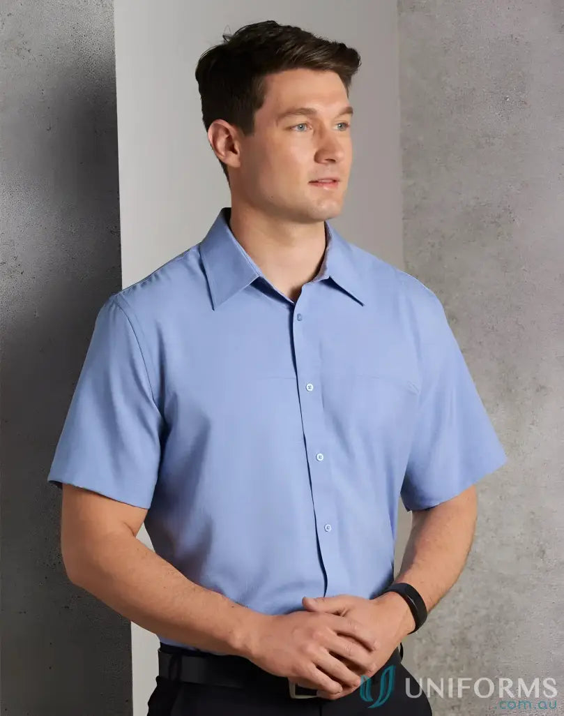 CoolDry Mens SS Health Shirt in light blue with pocket and buttons, perfect for winning spirit