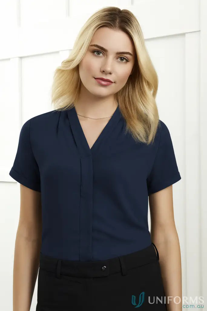 Madison short sleeve navy blouse in easy-care stretch polyester for women