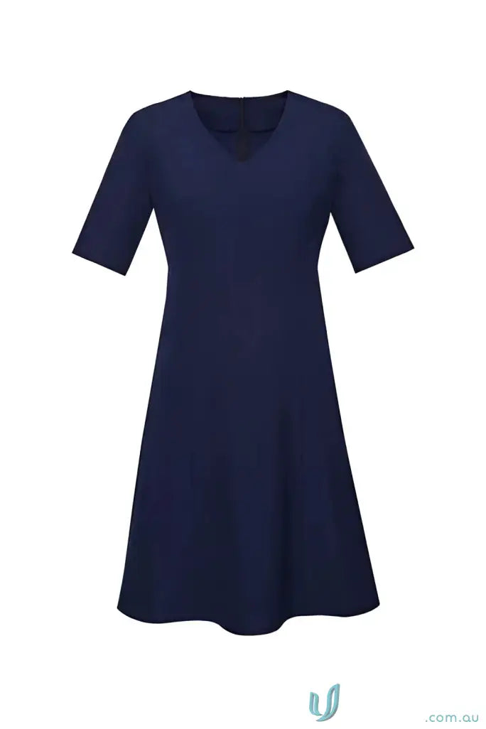 Navy blue V-neck dress from CR EMB Ladies Extended Dress for stylish workwear or uniforms