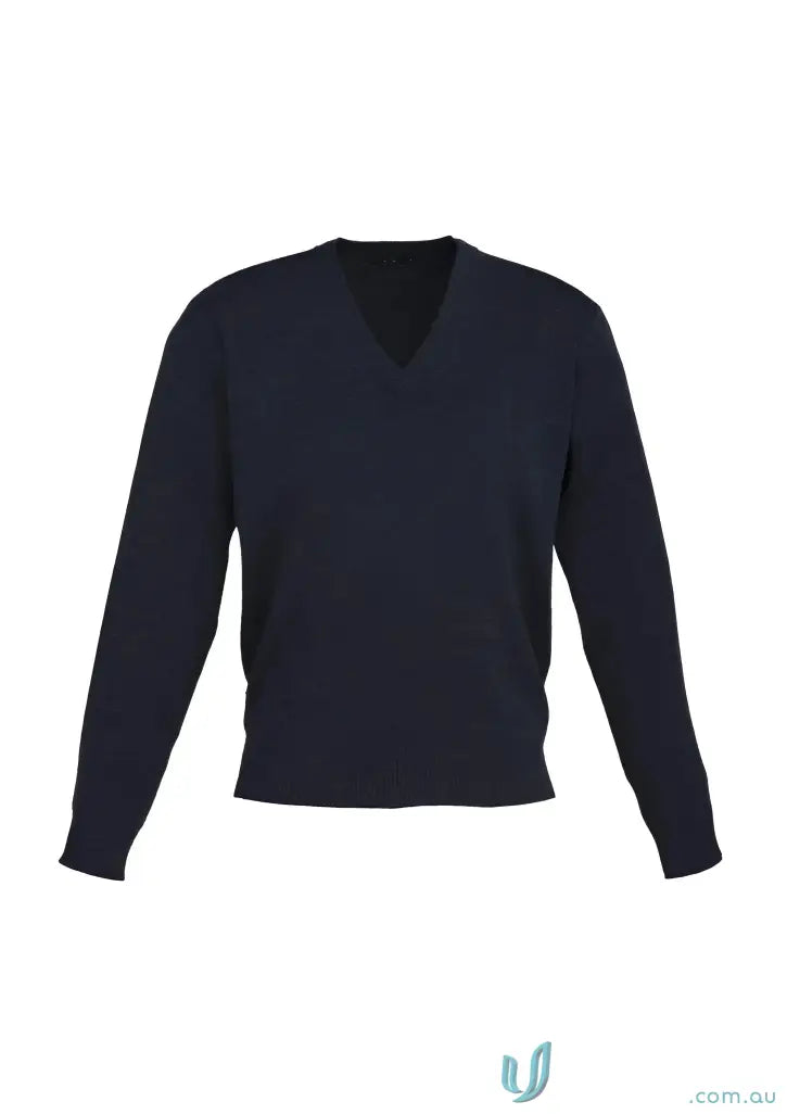 Navy blue V-neck sweater from CR EMb Unisex Wool Mix Pullover for easy care uniforms workwear