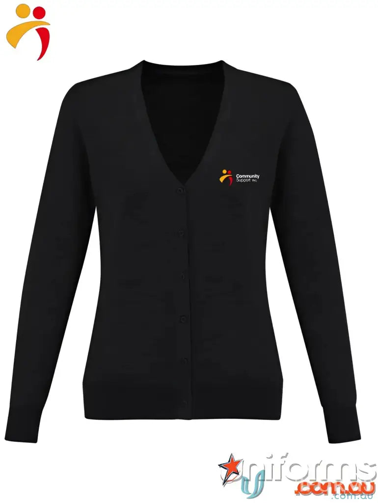 Black V-neck ladies knit cardigan from CSI EMB collection Roma Ladies in merino wool