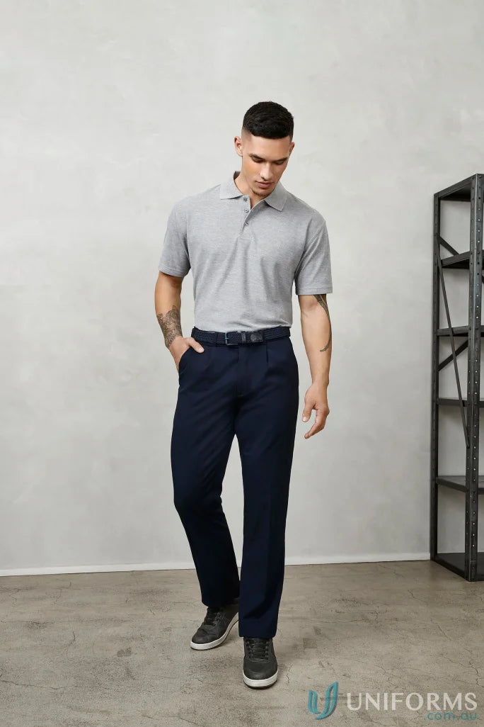 Man wearing Detroit Pant from Biz Collection Mens B S10110R in gray polo and navy pants