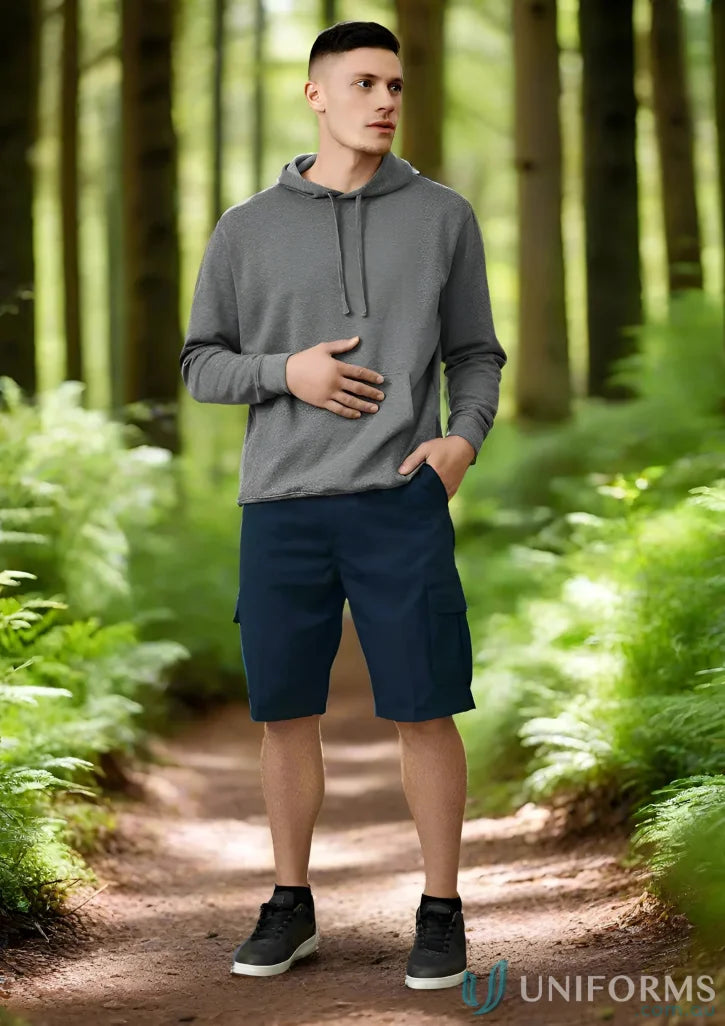 Man in gray hoodie and navy Biz Collection Detroit Shorts with Biz Flexi-Band waistband