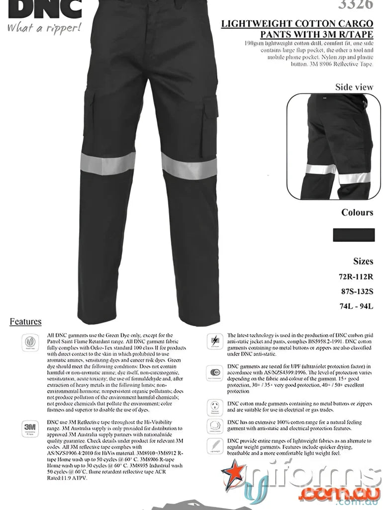 Black cotton cargo pants with reflective tape for safety, lightweight cotton cargo style