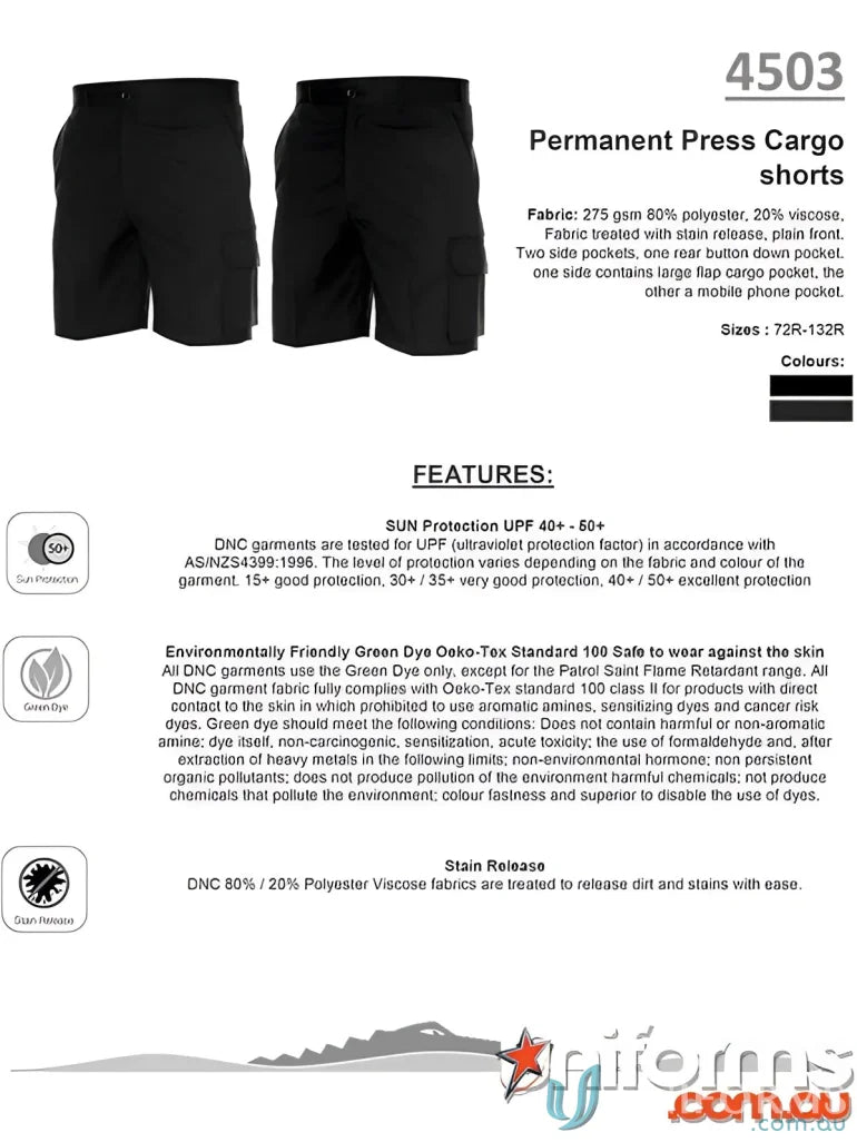 Black DNC Permanent Press Cargo Shorts with multiple pockets and durable fabric