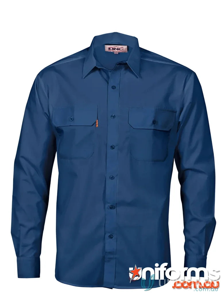 Blue long-sleeved work shirt from DNC PolyCotton workwear for uniforms
