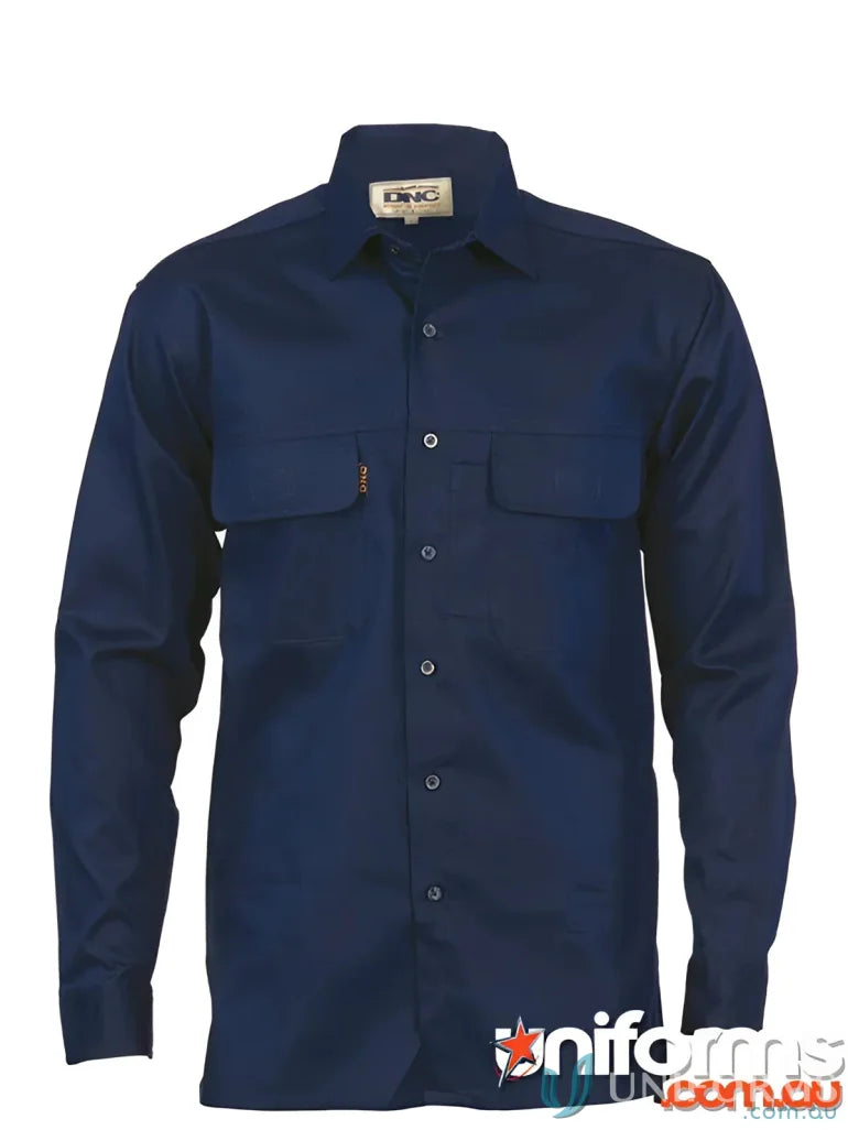 Navy blue long-sleeved work shirt from DNC Three Way Breeze Shirt, perfect for uniforms and workwear