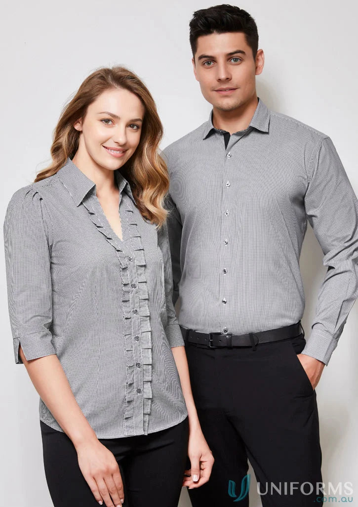 Two people in matching checkered Edge LS Shirts and black pants, stylish mens edge long look