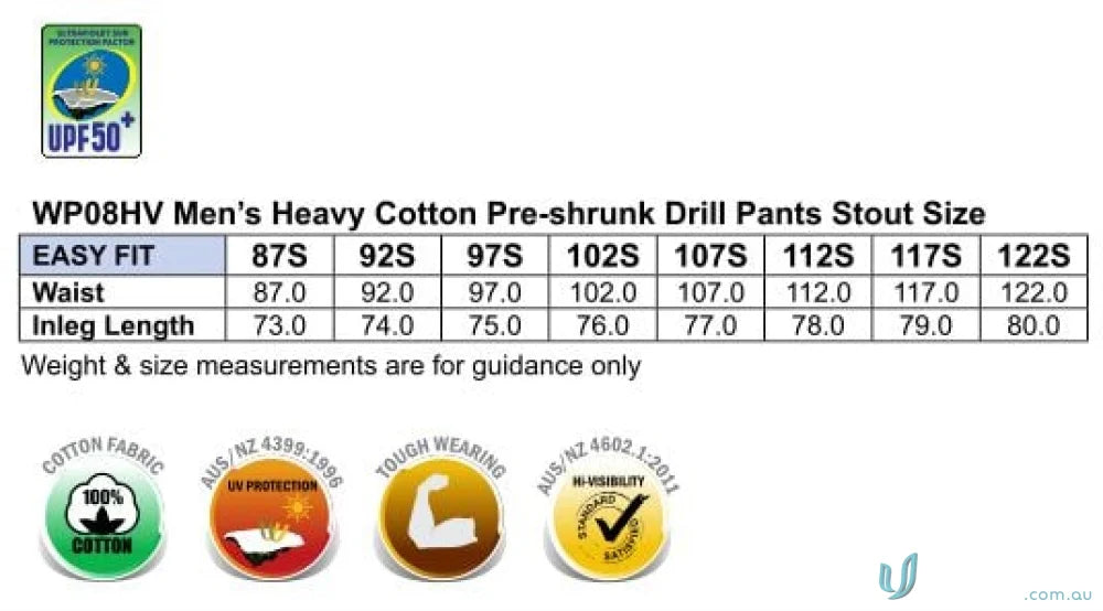 Men’s heavy cotton work pants size chart for Eldarin 3M Taped Drill STOUT Pants