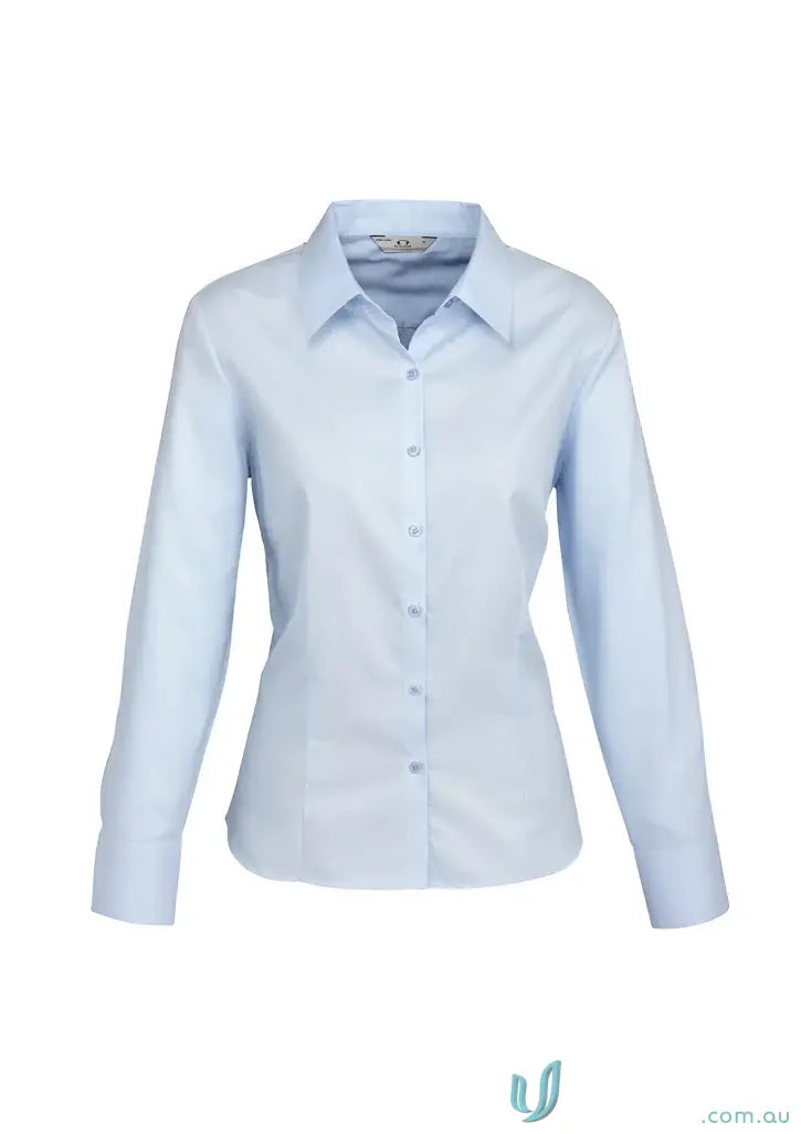 Light blue women’s collared button-up shirt ideal for work uniforms and workwear