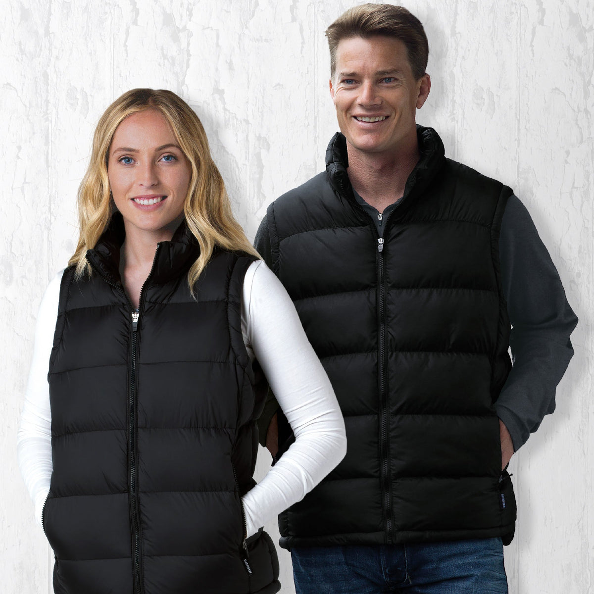 Black frontier puffa vest with quilted design, high collar and front zipper