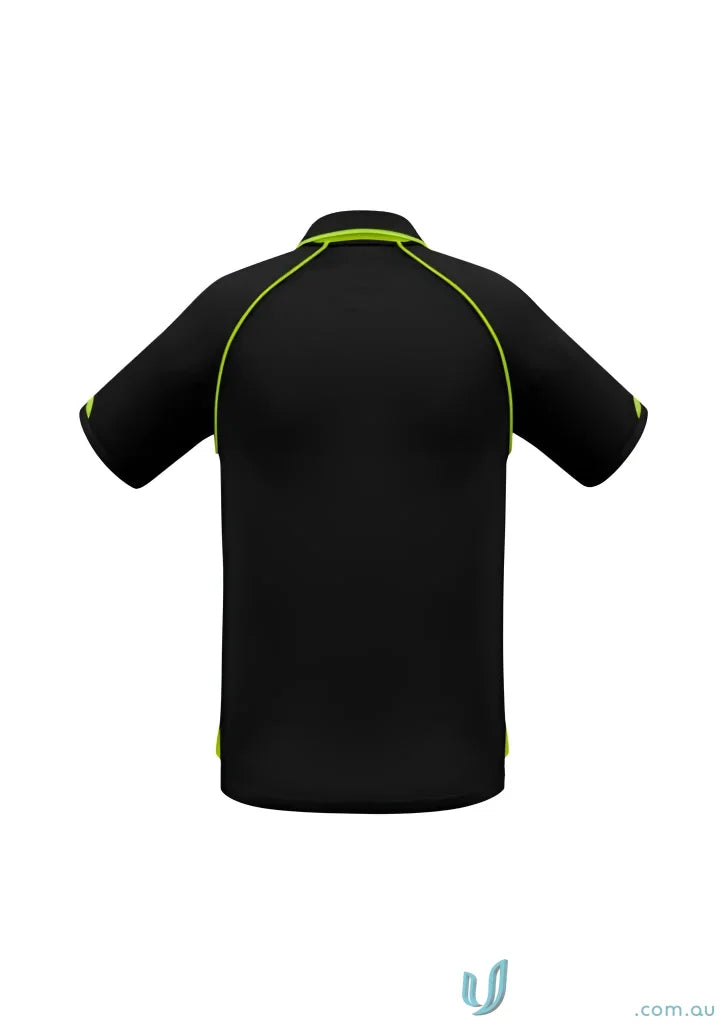 Mens Fusion Short Sleeve Polo with hi-viz fluoro trims in black and neon green