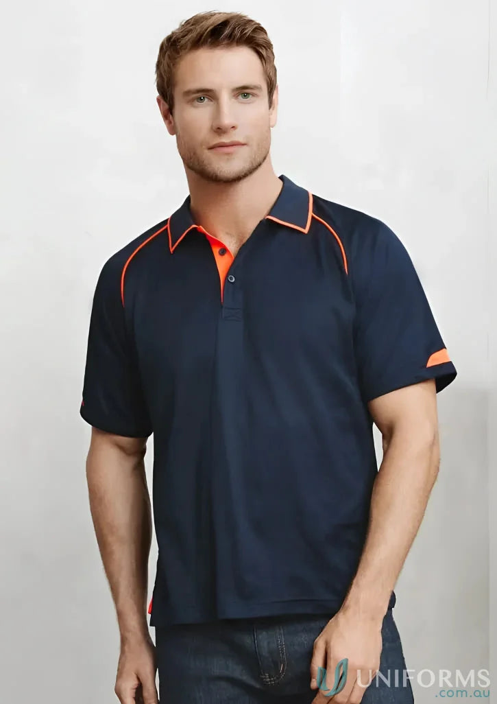 Mens Fusion Short Sleeve Polo with hi-viz fluoro trims in navy blue and orange