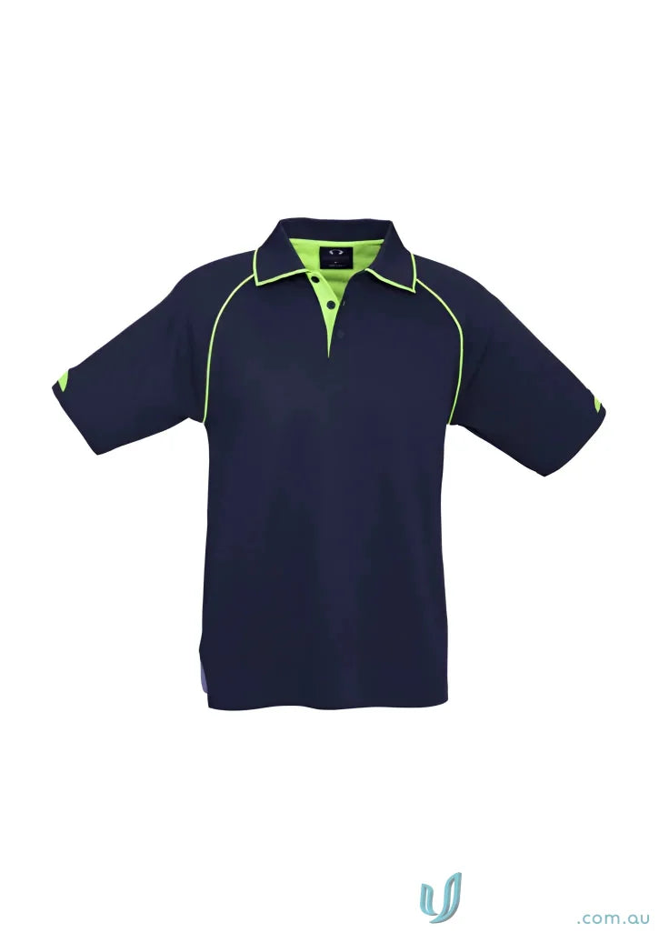 Mens Fusion Short Sleeve Polo with hi-viz fluoro trims in navy blue and lime green