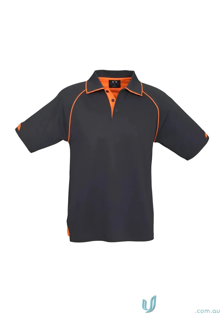 Mens Fusion Short Sleeve Polo with hi-viz fluoro trims and orange collar in Biz Collection Mens