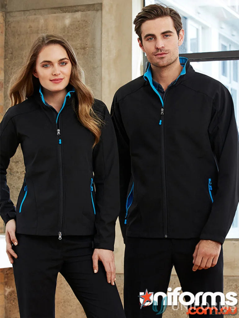 Matching black Geneva Softshell Jackets with blue accents from biz tech J307M collection
