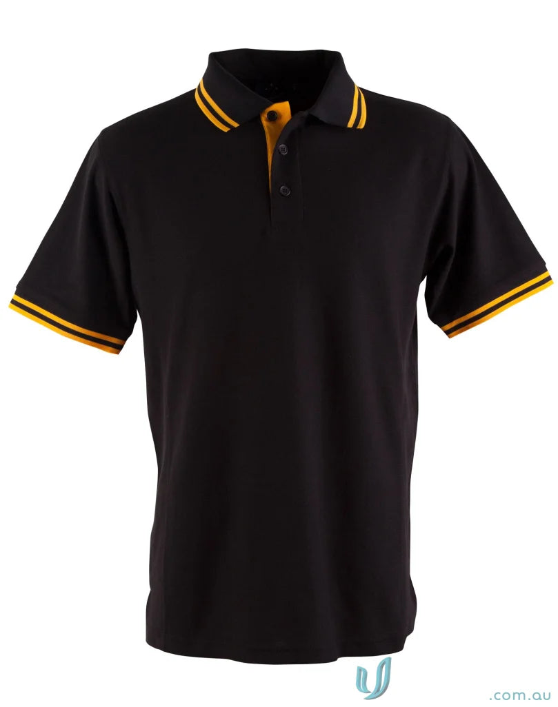 Black Grace Polo with gold trim, made from Truedry Pique Short fabric, style sleeve polo PS65