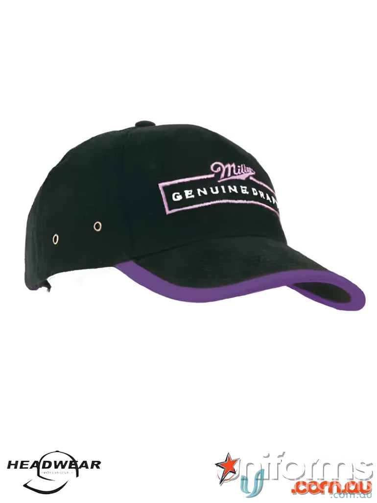 Black baseball cap with purple brim from HBC stock range, 20cm wide stylish hat