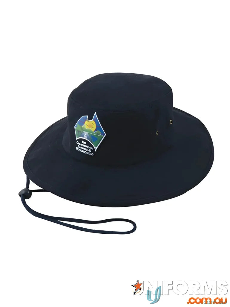 Black wide-brimmed sun hat from Headwear Stockists in brushed heavy sports twill