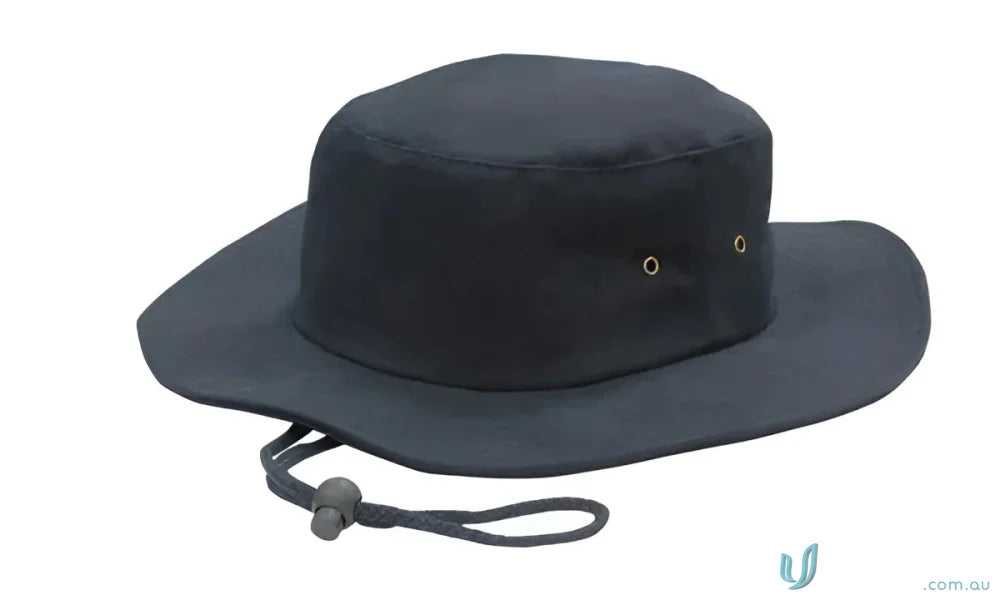 Black wide-brimmed sun hat from Headwear Stockists in brushed heavy sports twill
