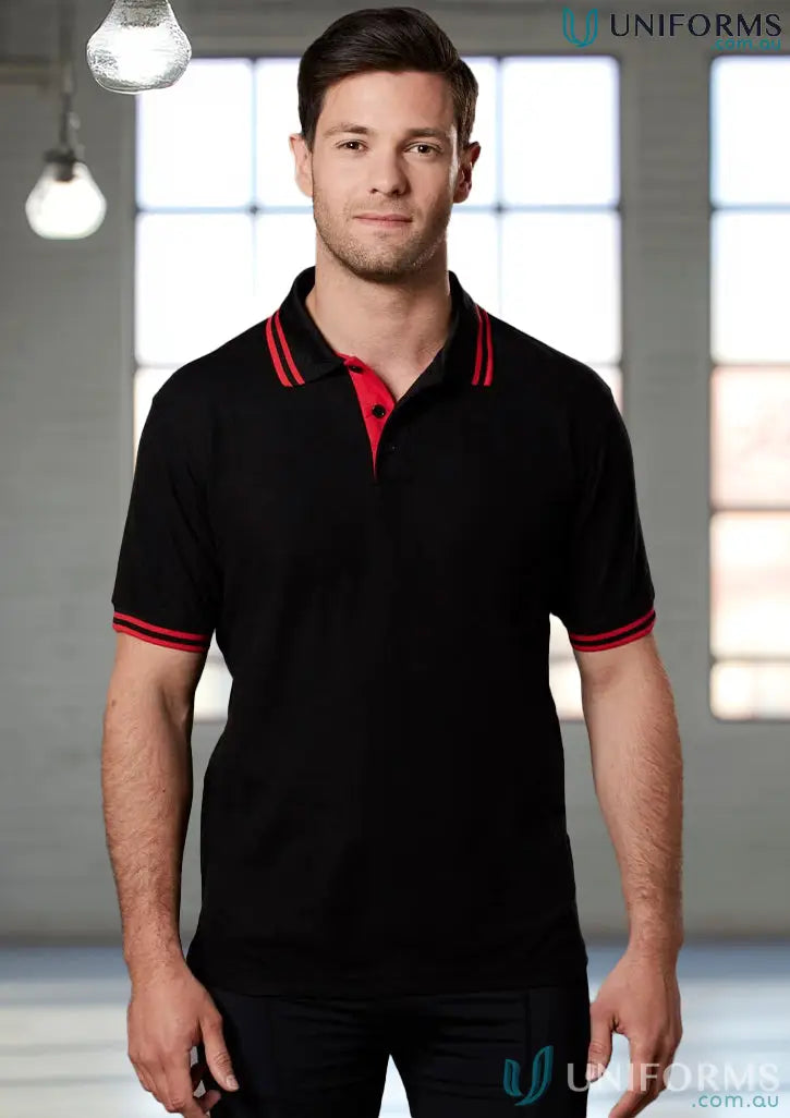 Men’s black pique short sleeve polo shirt with red trim for Heart Foundation EMB collection