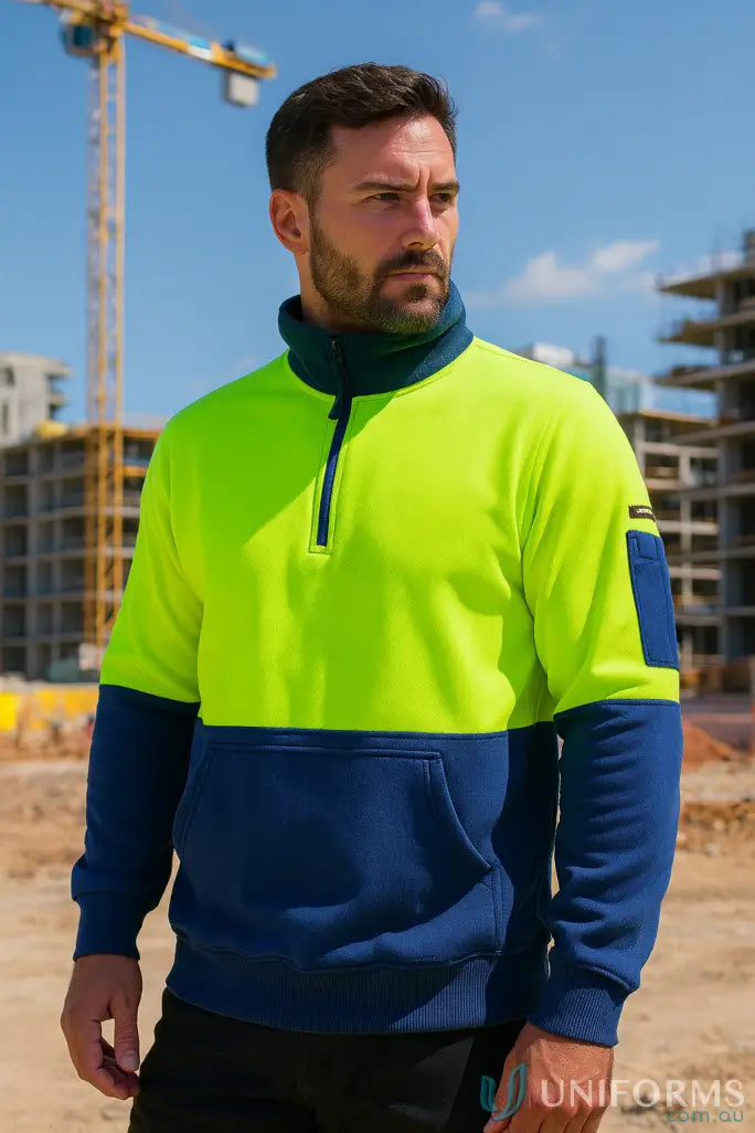 MenΒs HiVis Half Zip Fleecy Jumper in lime navy or orange navy for uniforms