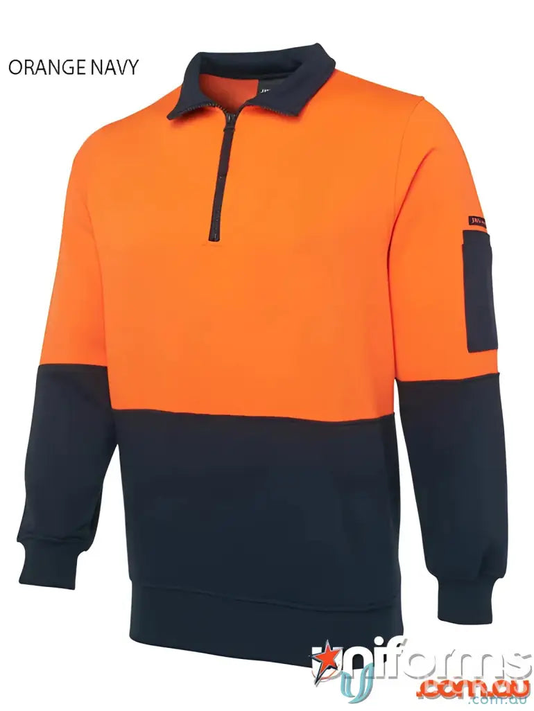 Orange and navy work sweatshirt ideal for uniforms in JBΒs HiVis Half Zip Fleecy Jumper